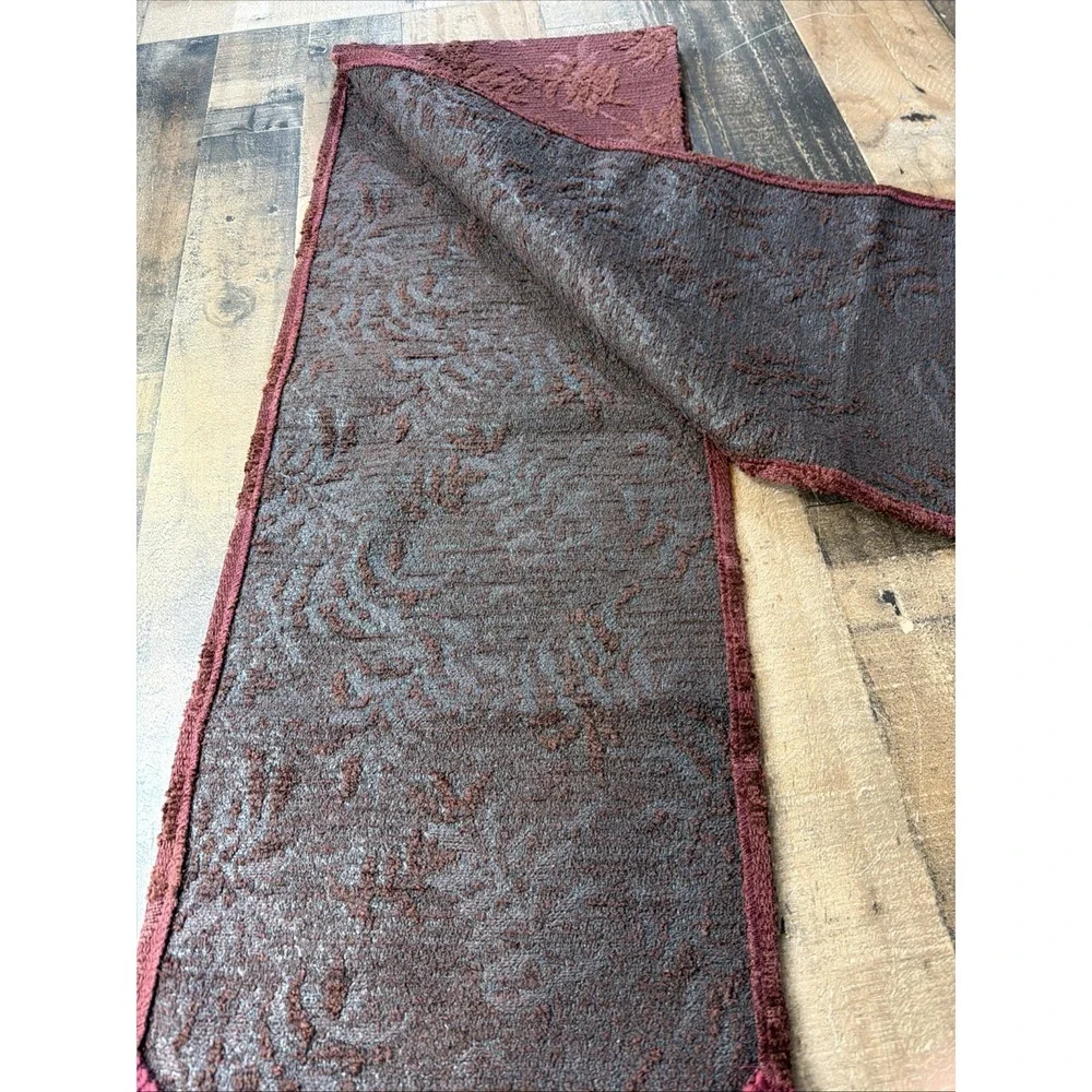 Vintage Chenille Table Runner Red Rust Floral Jacquard Fringe‎ Boho 12x70 Ornate